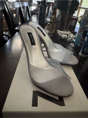 Nine West Silver Rhinestone Open-Toe Slip-On Mules